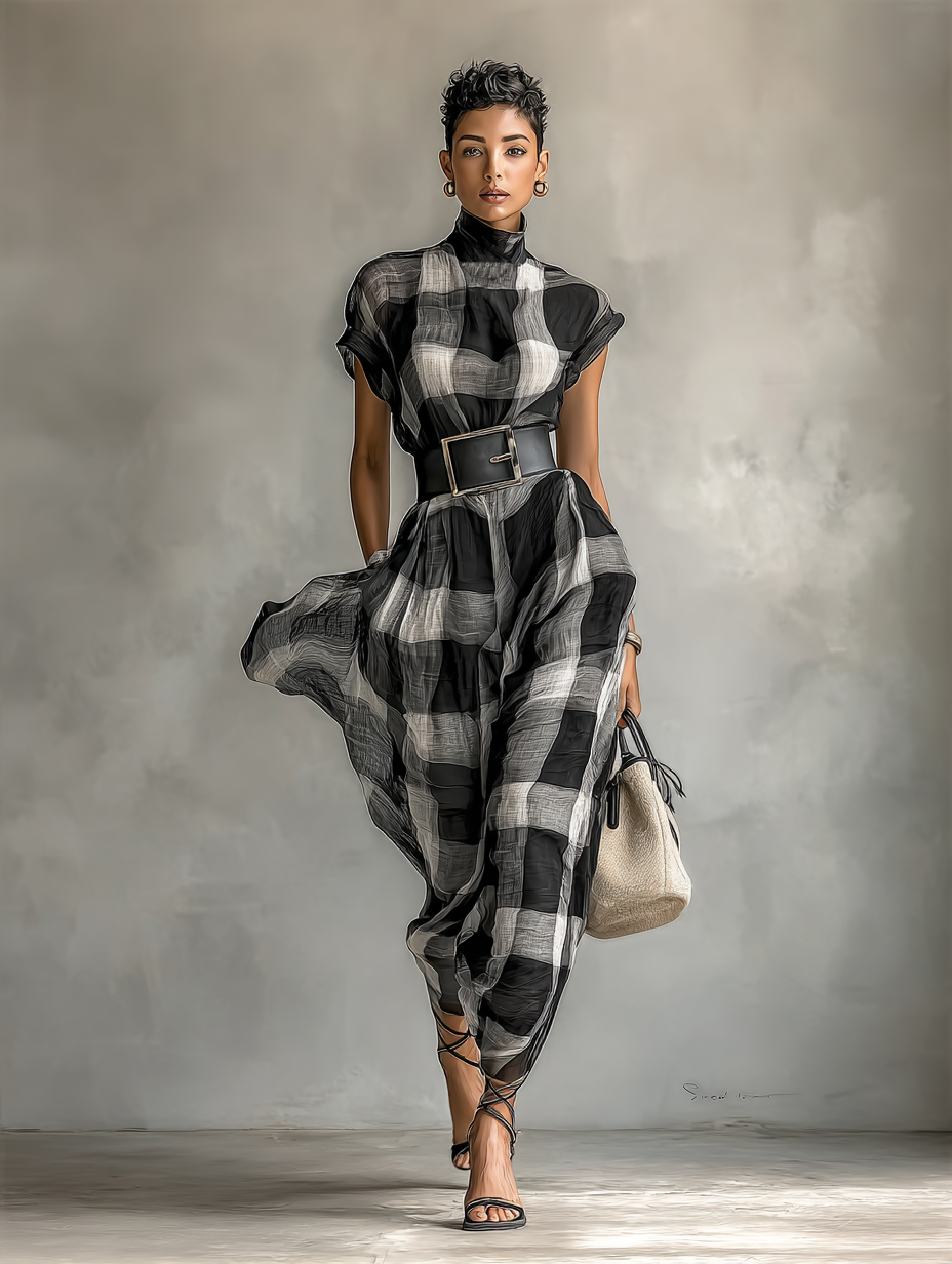 Maxi Dress in Check Chiffon with High Neck and Short Sleeves