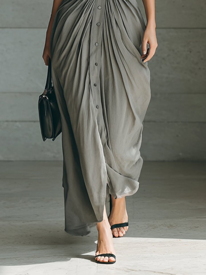 Maxi Dress with Notched Collar and Long Sleeves