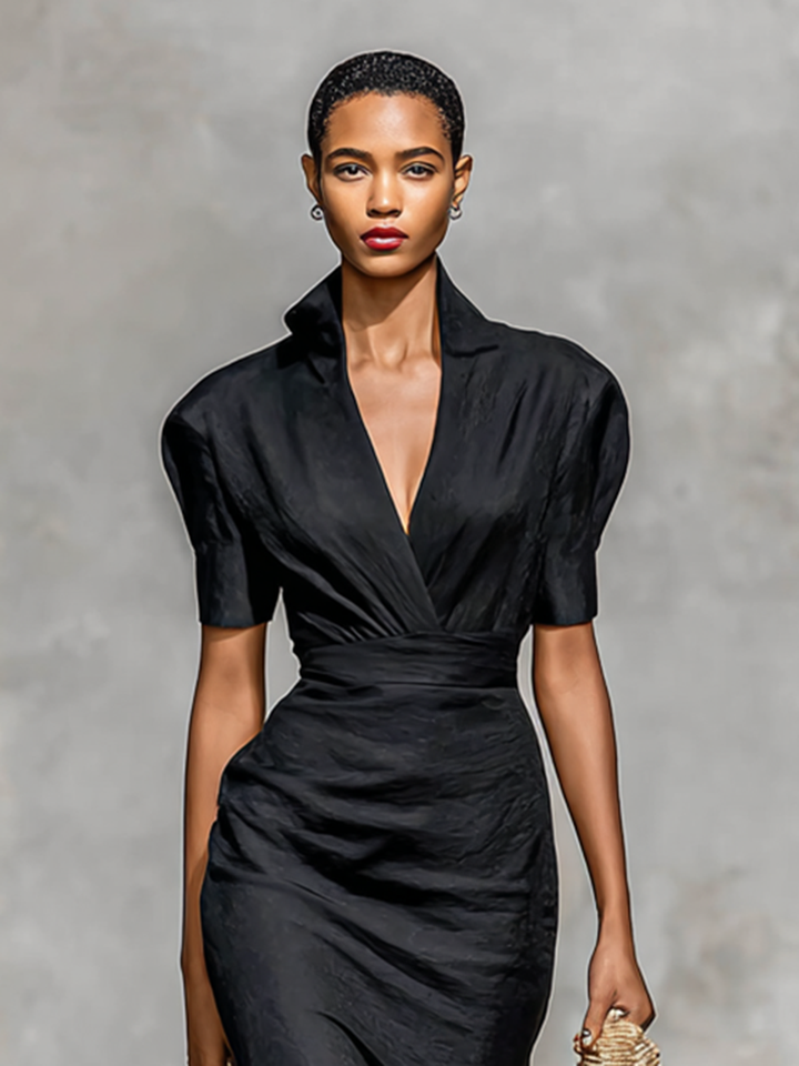 Women’s Solid Color Midi Dress with V-Neck and Short Sleeves