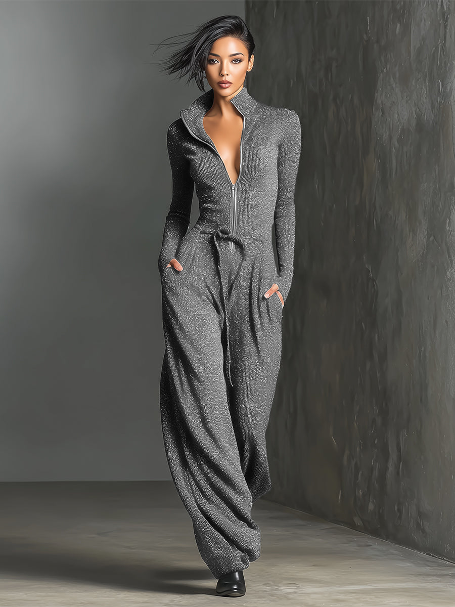 Elegant Women's Knit Jumpsuit with Front Zip