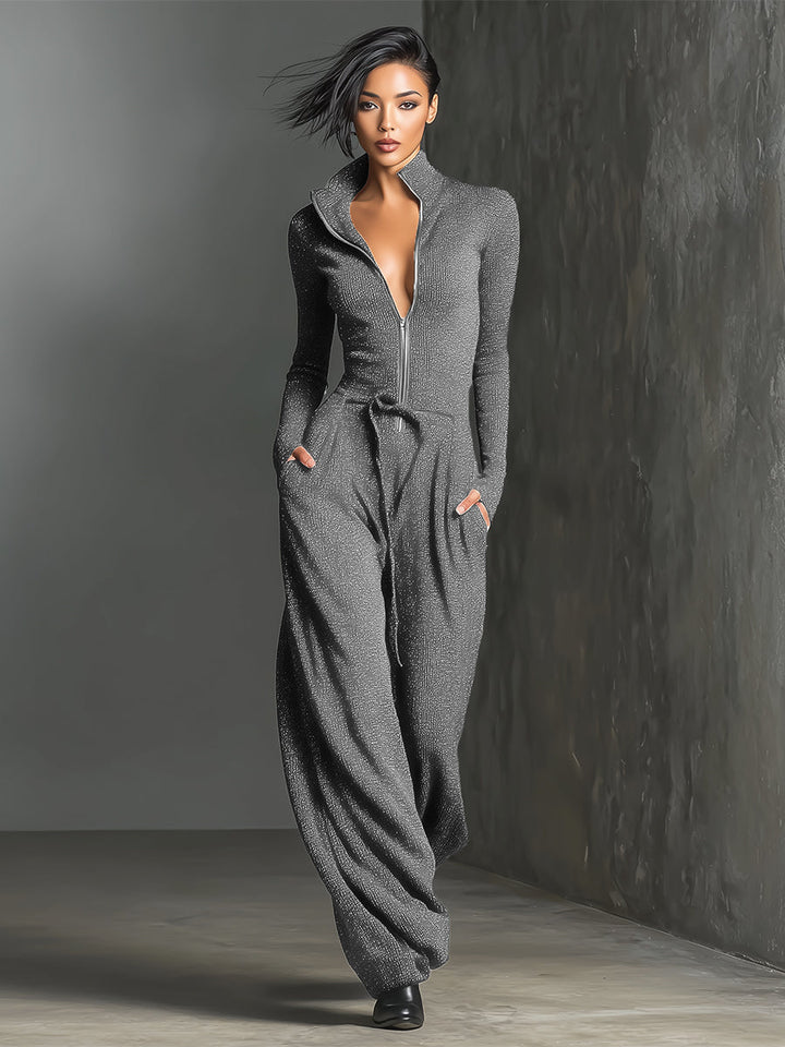 Elegant Women's Knit Jumpsuit with Front Zip