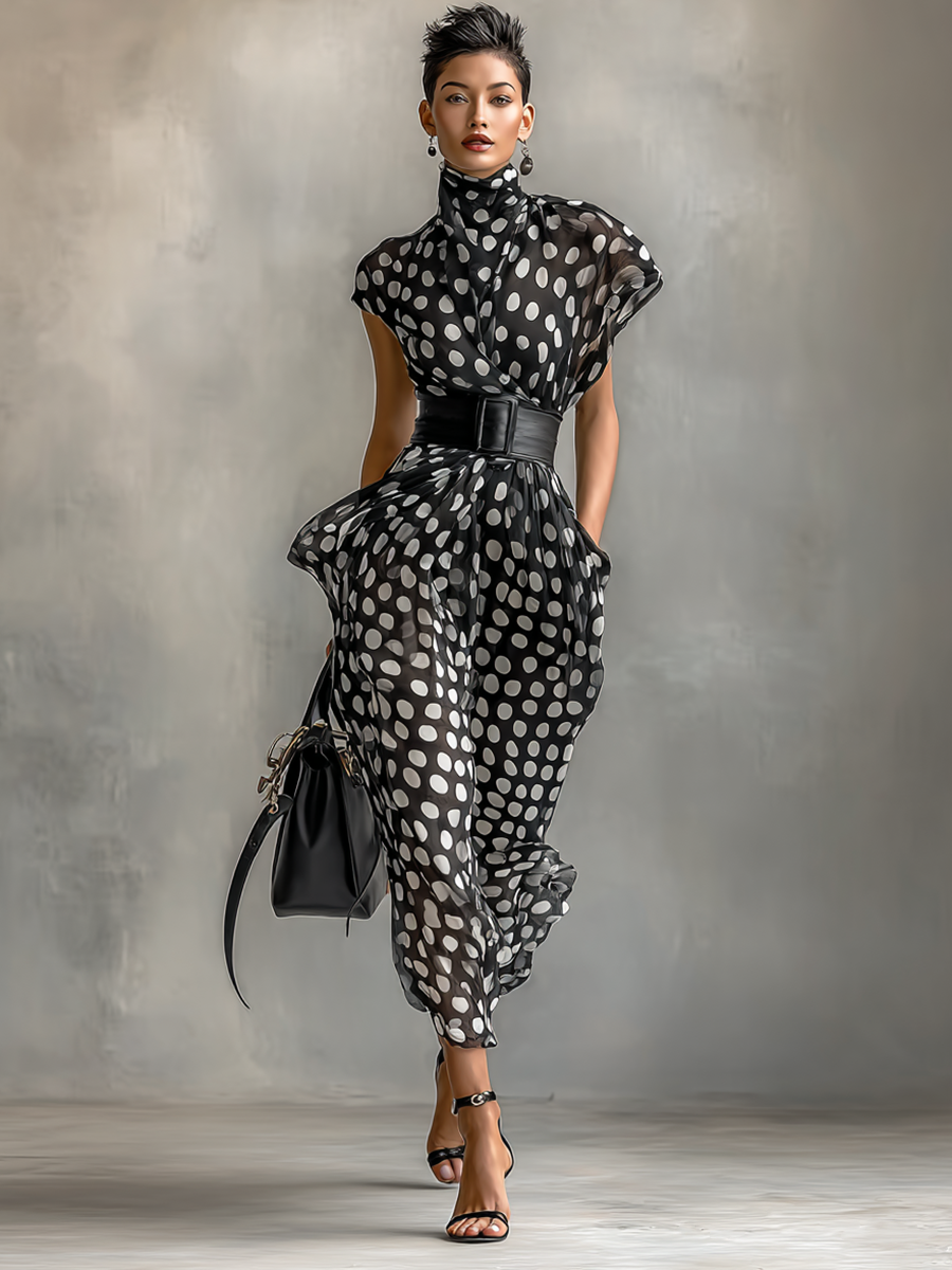 Maxi Chiffon Dress with Polka Dot Print and High Collar