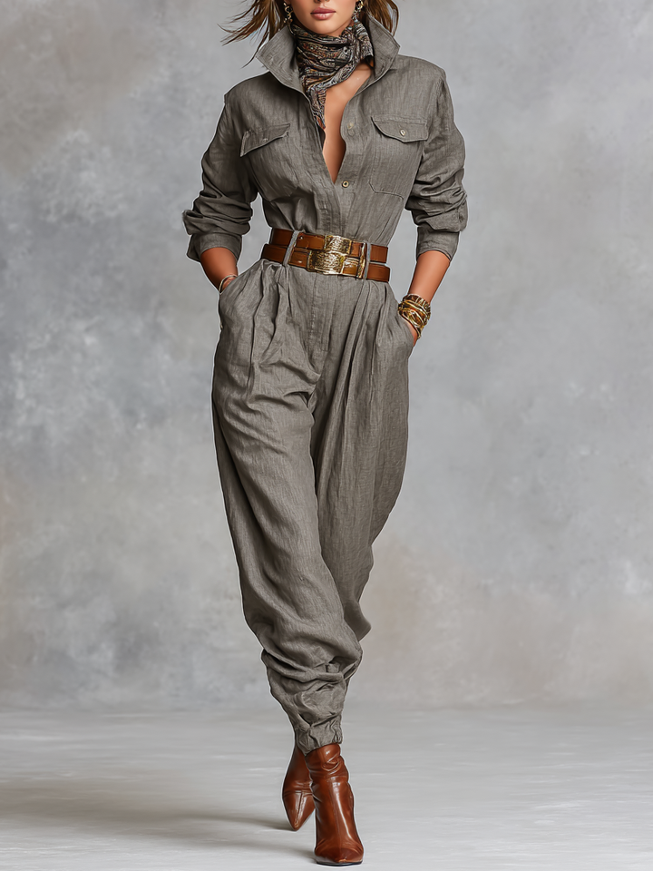 Long Sleeve Cotton and Linen Jumpsuit