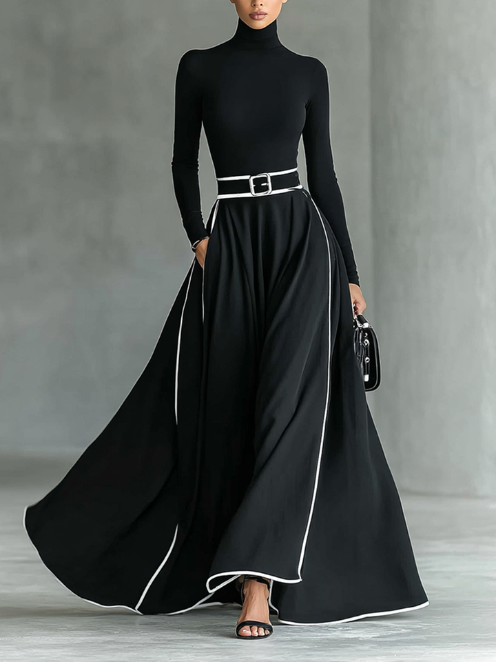 Black Maxi Dress with White Stitching, High Neck, Long Sleeves, and Fitted Waist