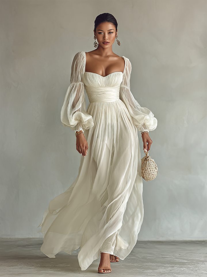 Women's Maxi Chiffon Dress with Square Neckline and Long Sleeves