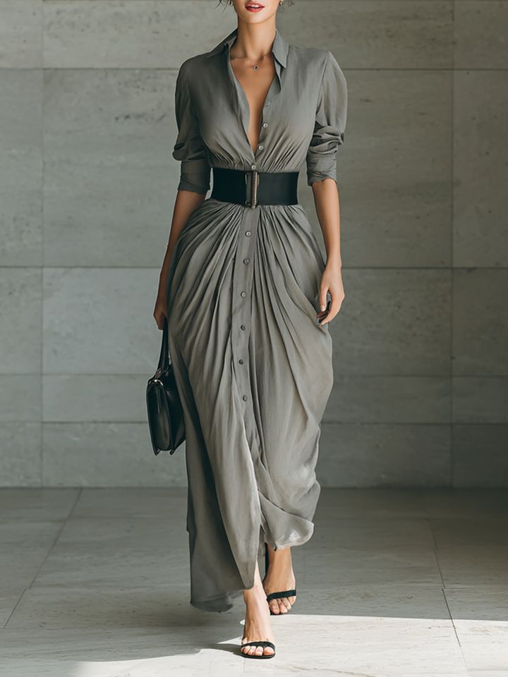 Maxi Dress with Notched Collar and Long Sleeves