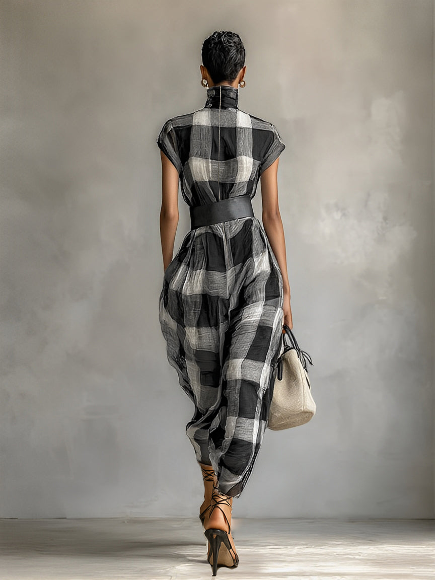 Maxi Dress in Check Chiffon with High Neck and Short Sleeves