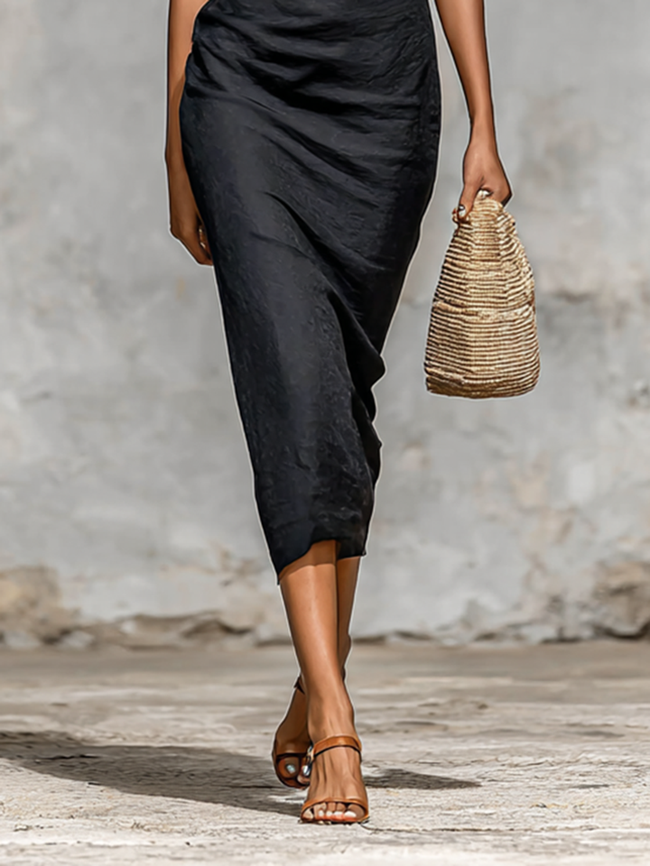 Women’s Solid Color Midi Dress with V-Neck and Short Sleeves