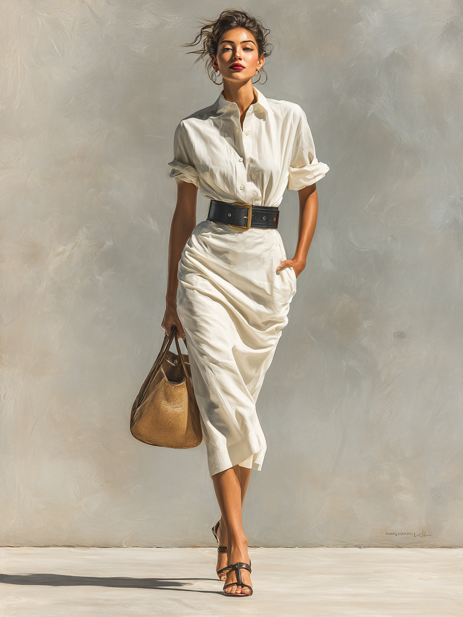 Women's Short Sleeve Dress with Collar and Belt