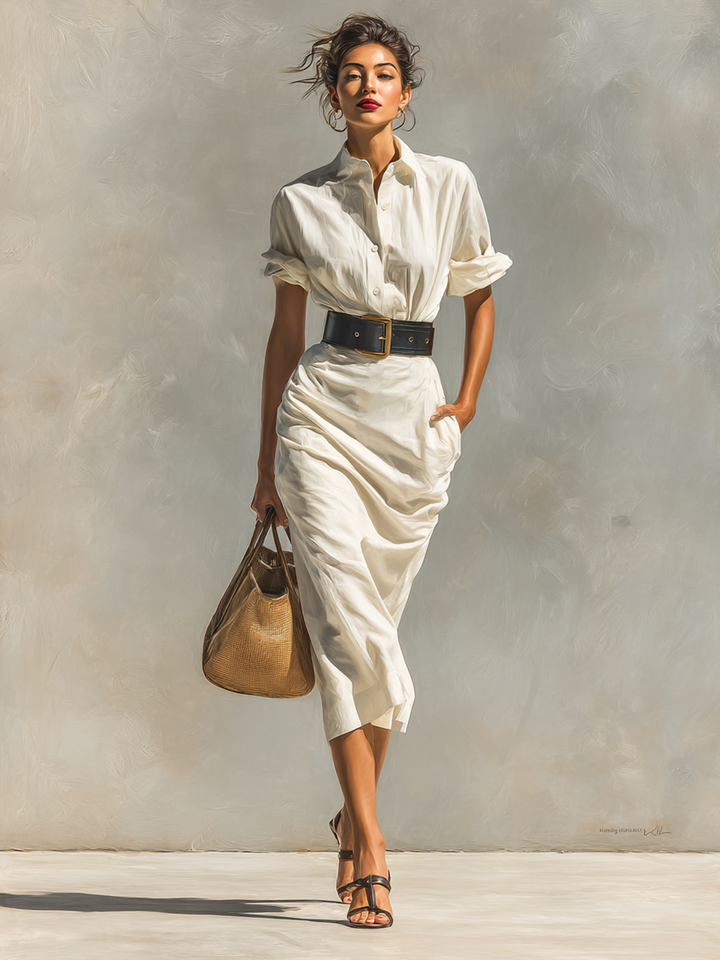 Women's Short Sleeve Dress with Collar and Belt