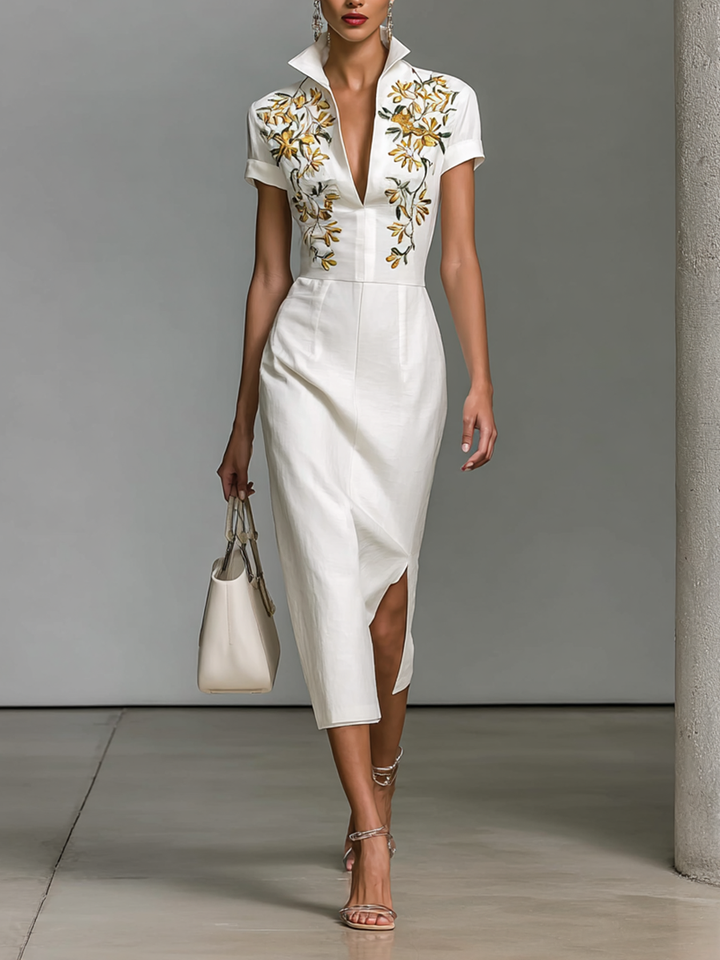 Embroidered Midi Dress for Women with V-Neck and Short Sleeves