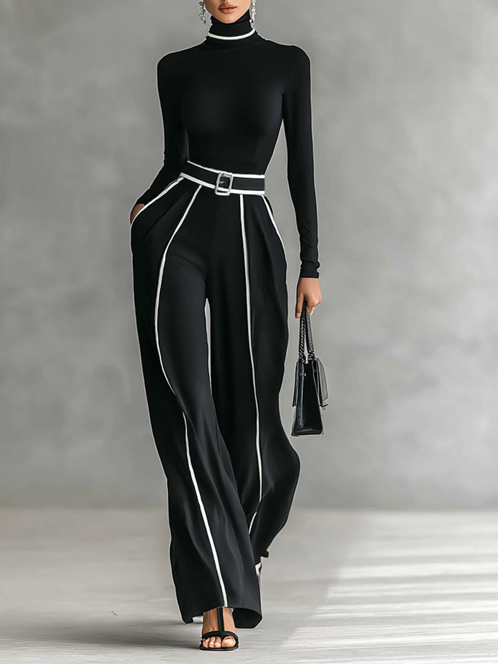 Two-piece women's set with high-neck long-sleeve top, wide-leg pants, and belt