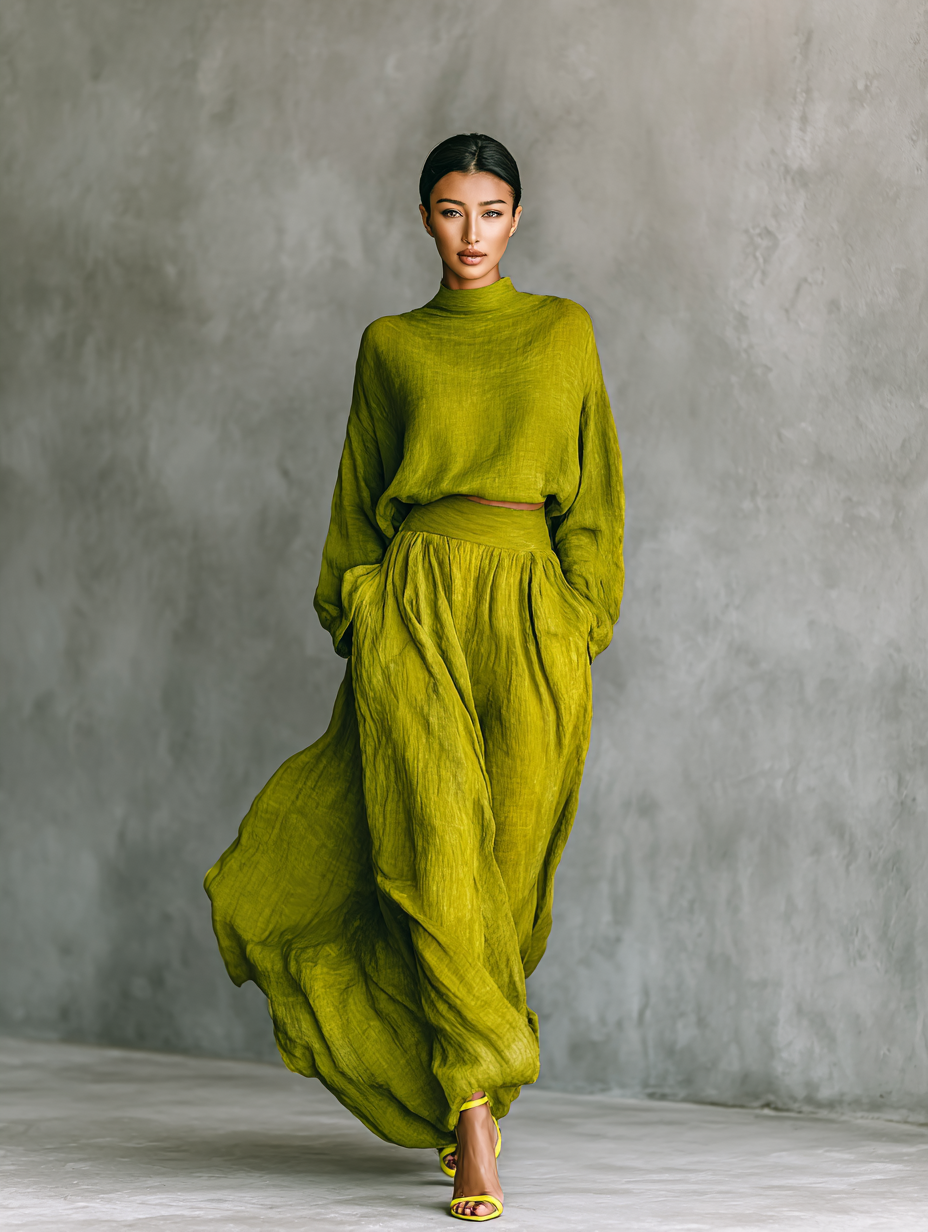 Women's Green Outfit in Cotton-Linen Blend