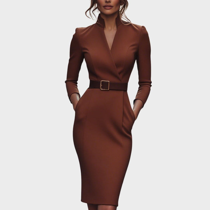 Hayden Lume | Refined Dress With Belt And Mandarin Collar