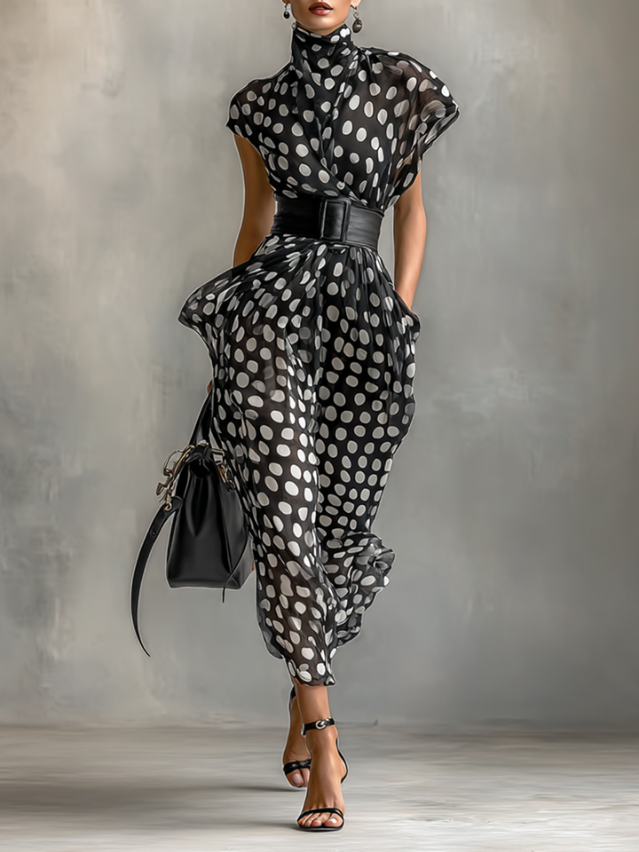 Maxi Chiffon Dress with Polka Dot Print and High Neck