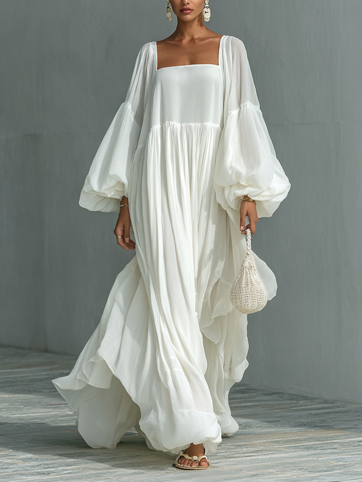 Maxi Pleated Dress with Lantern Sleeves and Notched Collar