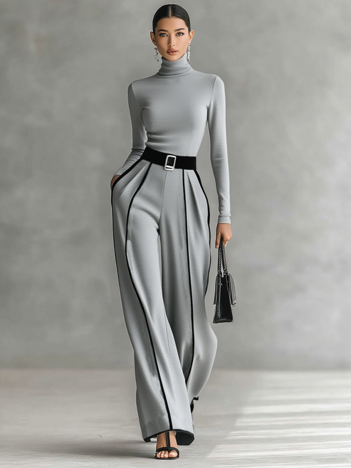 Two-piece women's set with high-neck long-sleeve top, wide-leg pants, and belt