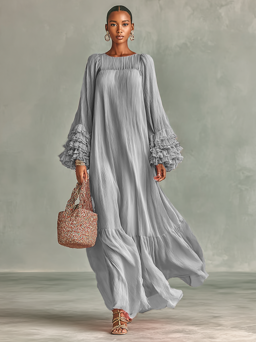 Maxi Dress in Pleated Chiffon for Women with Long Sleeves and Ruffles