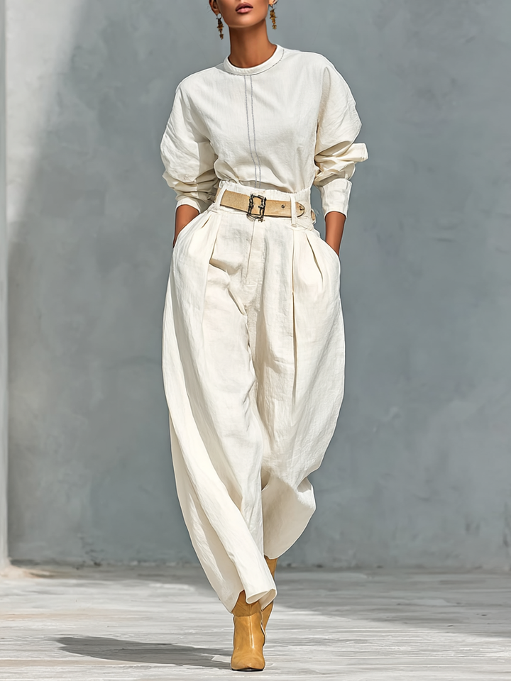 Long Sleeve Shirt and Wide Pants Set in Cotton and Linen