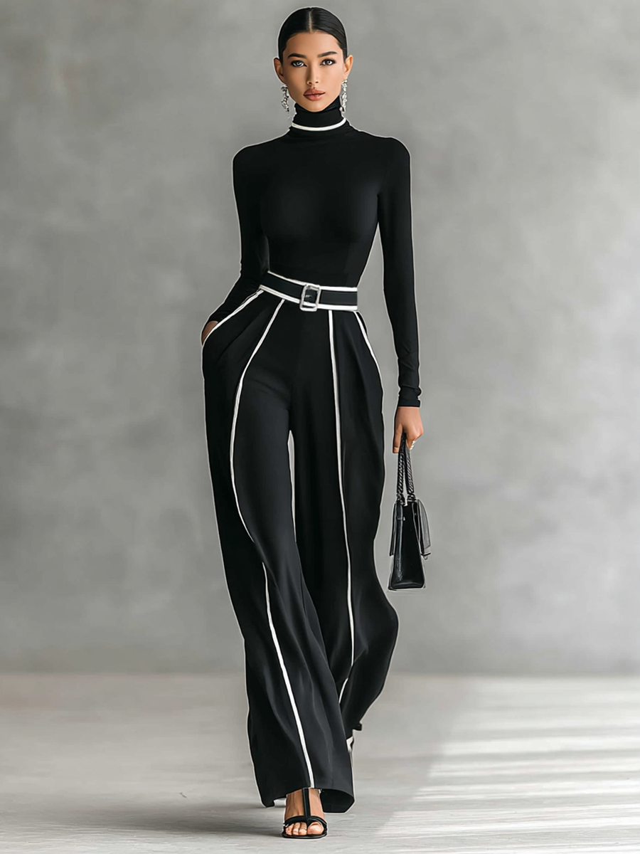 Two-piece women's set with high-neck long-sleeve top, wide-leg pants, and belt