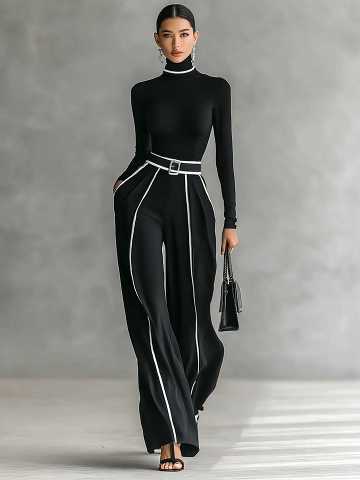 Two-piece women's set with high-neck long-sleeve top, wide-leg pants, and belt