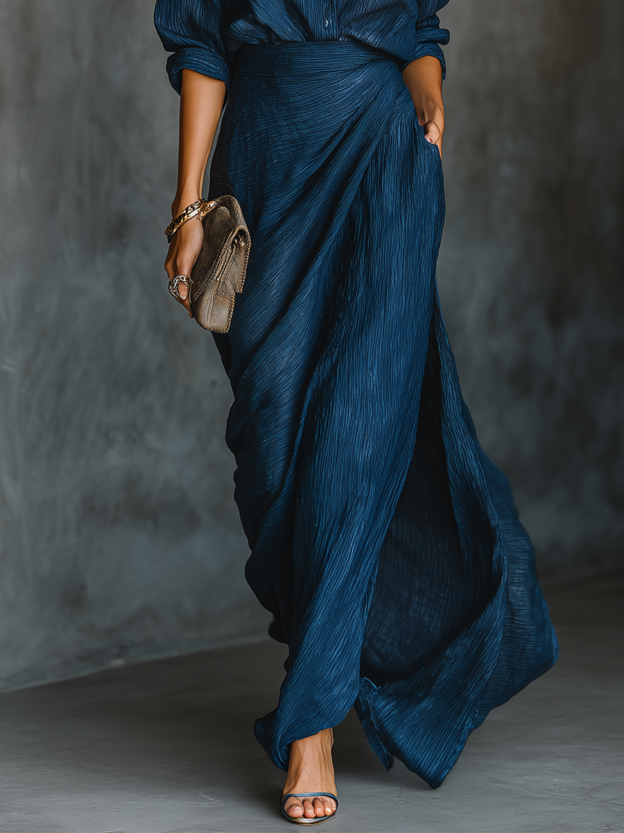 Long Skirt and Elegant Shirt Set in Dark Blue Cotton and Linen