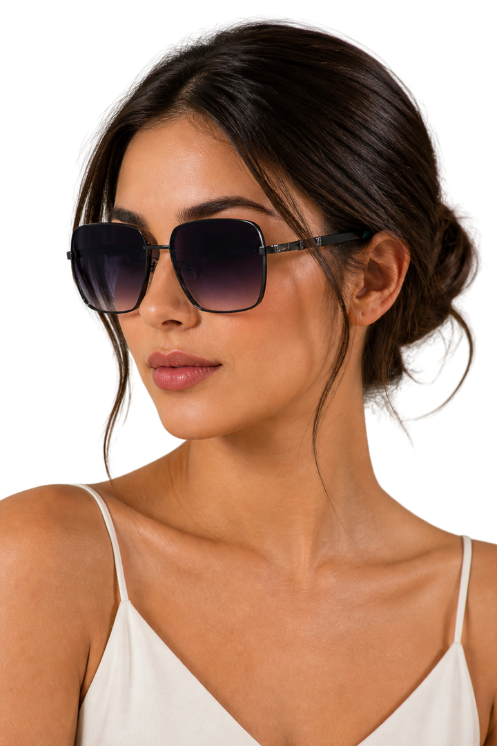 Women's Rimless Square Lens Thin Metal Brow Bar Two Tone Temple Tinted Sunglasses