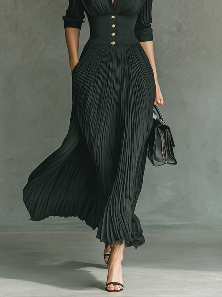 Long Maxi Dress with Long Sleeves, Notched Collar, and Pleats