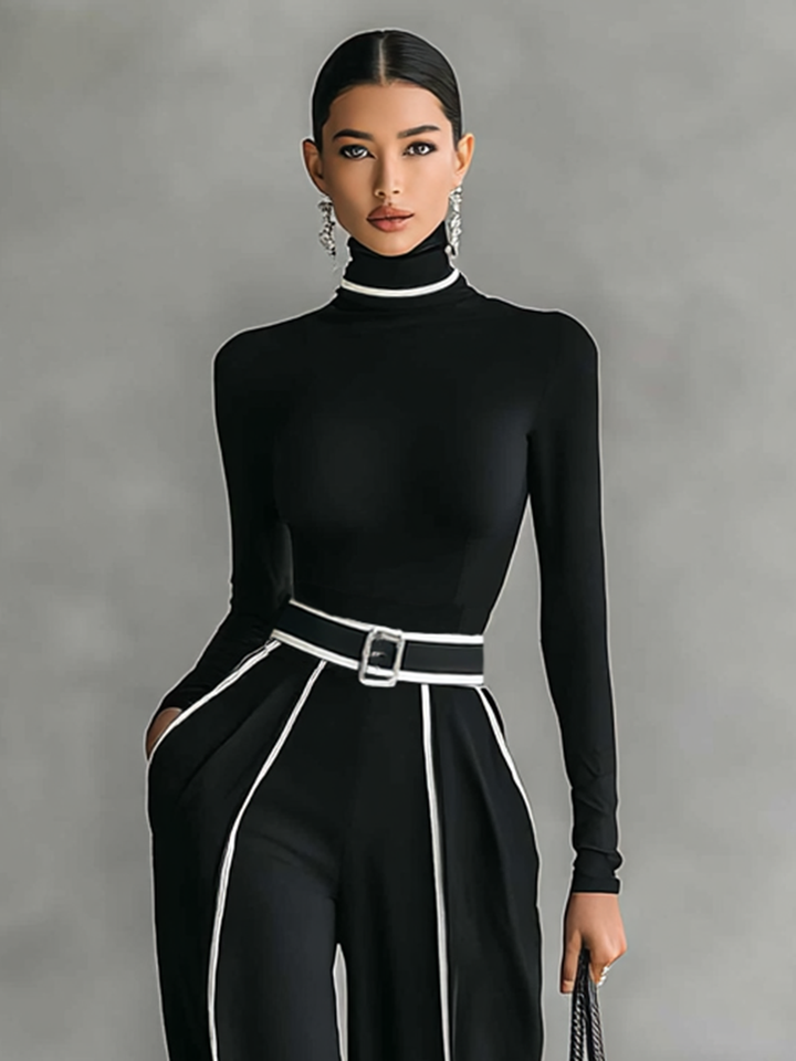 Two-piece women's set with high-neck long-sleeve top, wide-leg pants, and belt
