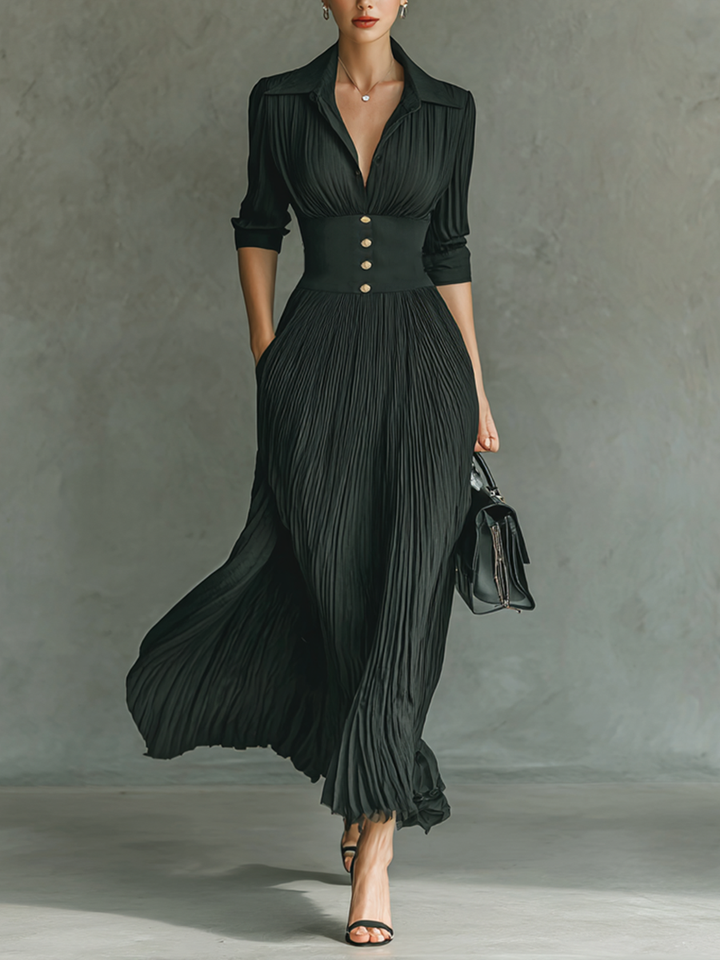 Long Maxi Dress with Long Sleeves, Notched Collar, and Pleats