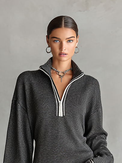 Mini Dress in Loose Knit with Polo Collar and Zip