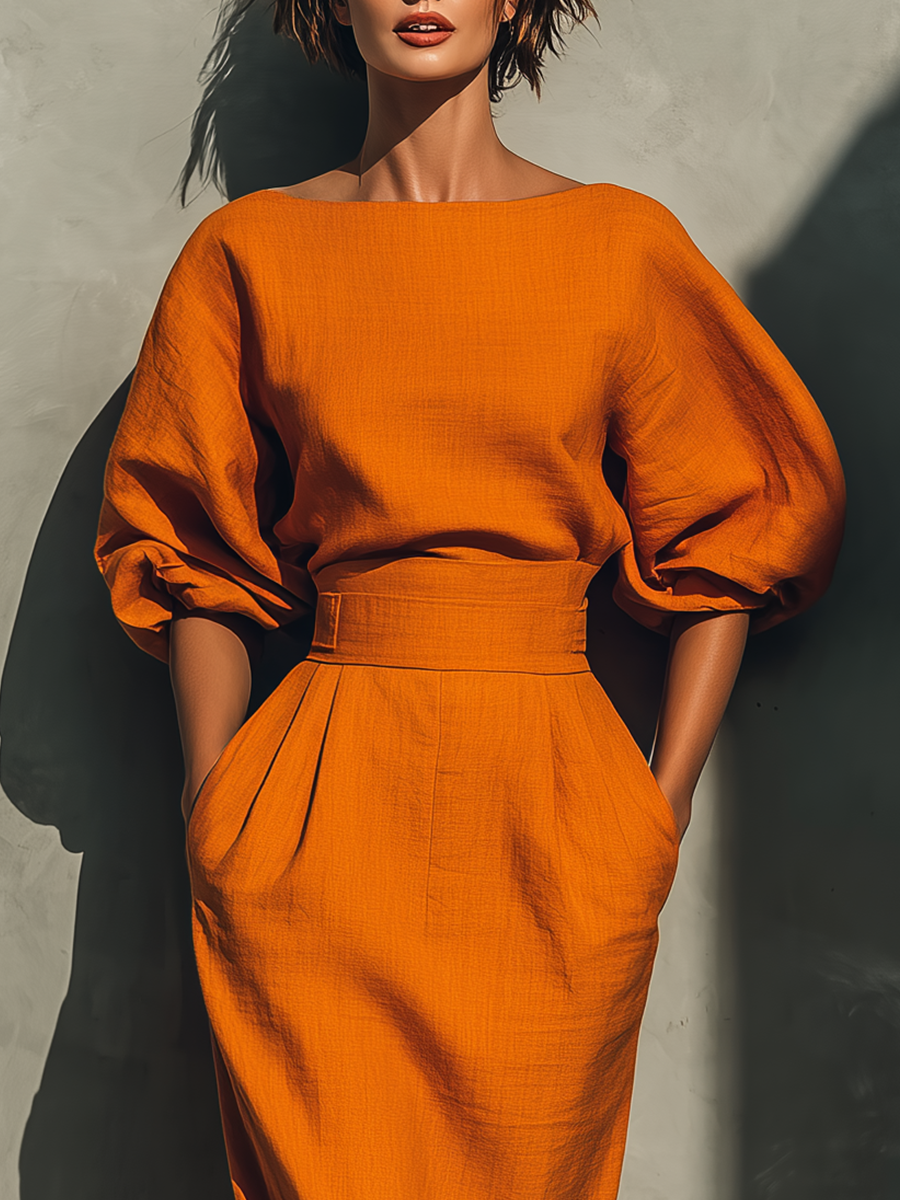 Vibrant Midi Skirt in Orange Cotton-Linen Blend