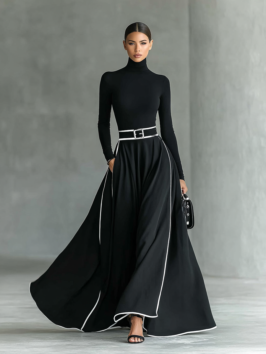 Black Maxi Dress with White Stitching, High Neck, Long Sleeves, and Fitted Waist