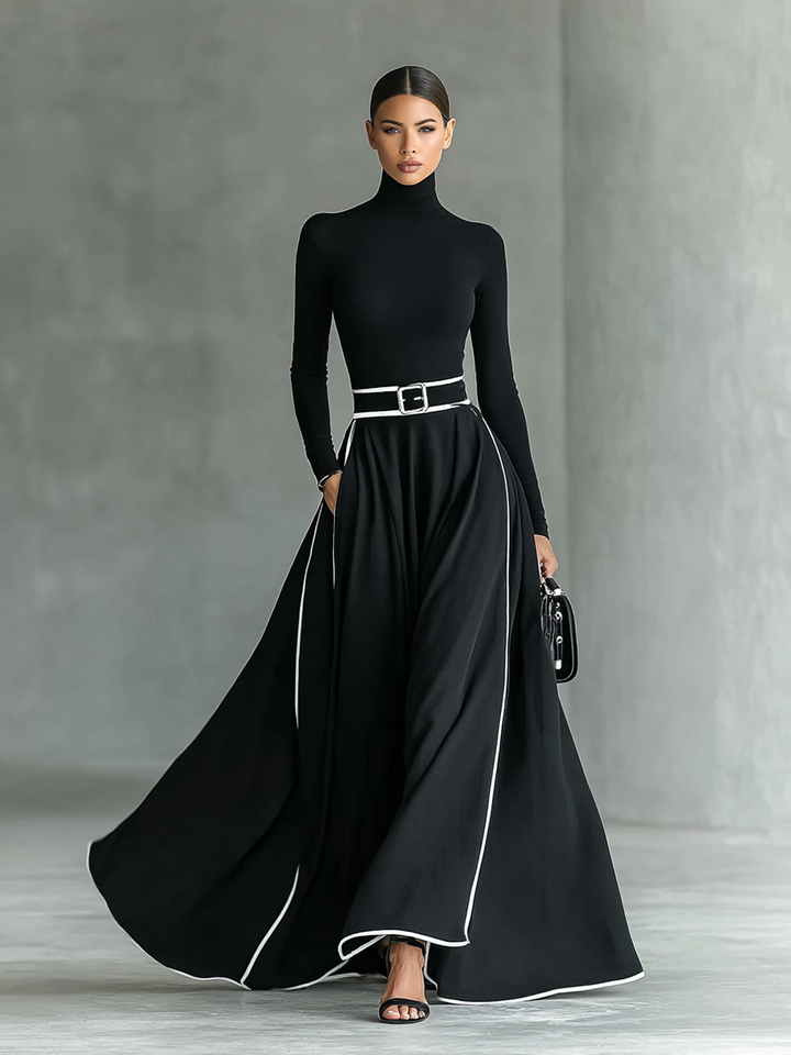 Black Maxi Dress with White Stitching, High Neck, Long Sleeves, and Fitted Waist