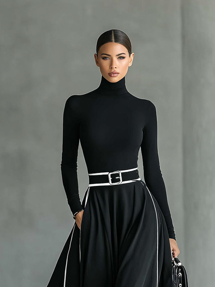 Black Maxi Dress with White Stitching, High Neck, Long Sleeves, and Fitted Waist