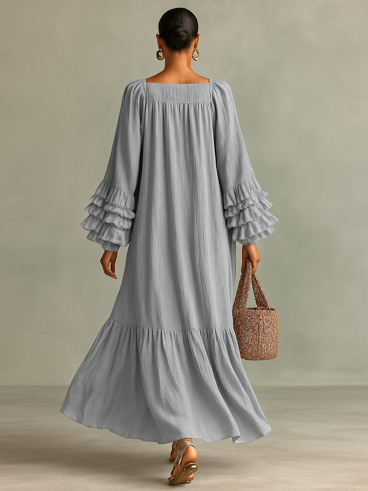 Maxi Dress in Pleated Chiffon for Women with Long Sleeves and Ruffles