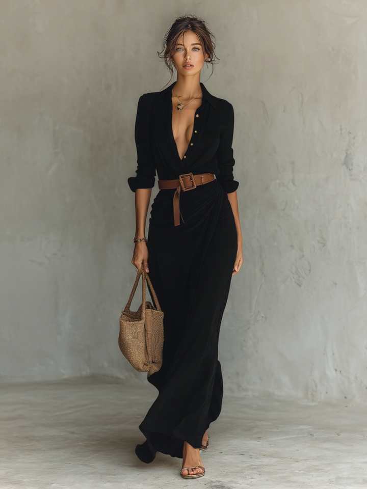 Long Maxi Dress with Notched Collar and Belt Included