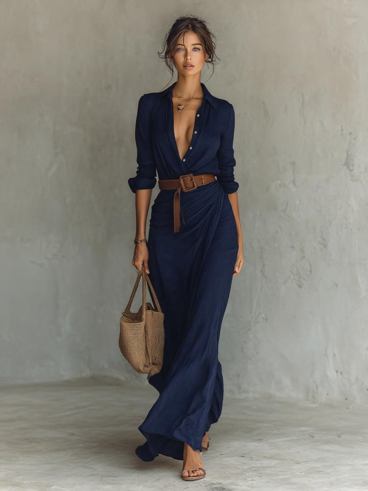 Long Maxi Dress with Notch Collar and Included Belt