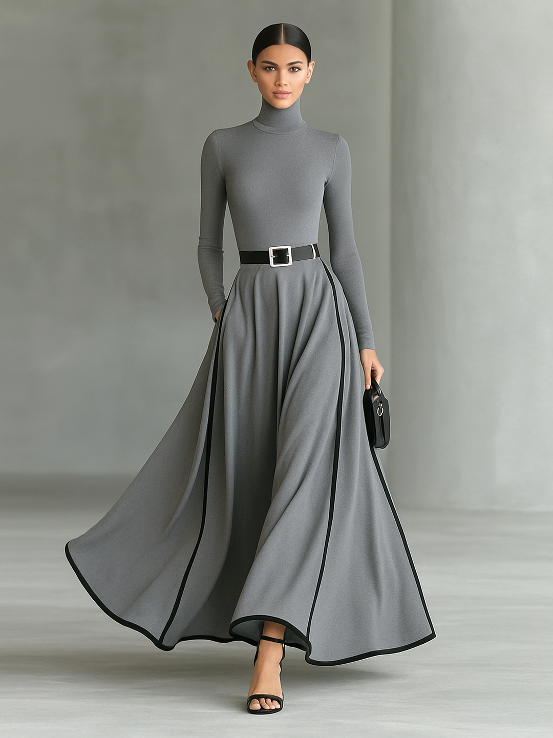 Black Maxi Dress with White Stitching, High Neck, Long Sleeves, and Fitted Waist