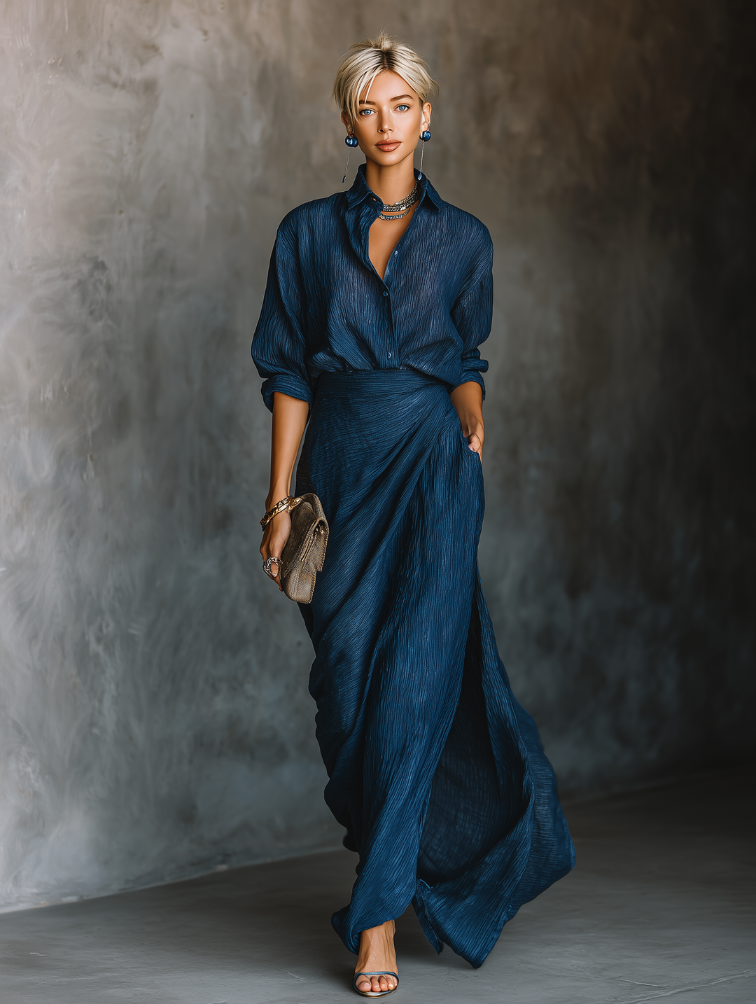 Long Skirt and Elegant Shirt Set in Dark Blue Cotton and Linen
