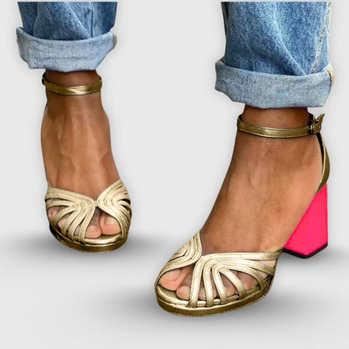 Soleil™ | Block Heel Sandal with Gold Straps