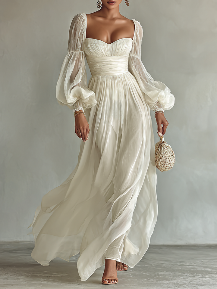 Women's Maxi Chiffon Dress with Square Neckline and Long Sleeves