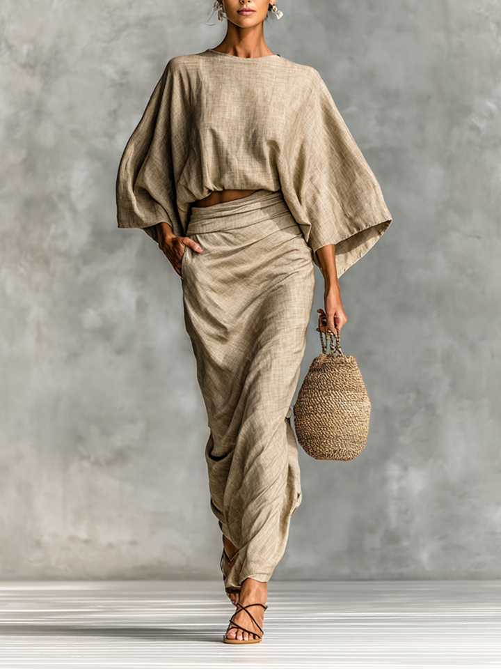 Two-Piece Set Long Skirt Batwing Sleeves in Cotton and Linen
