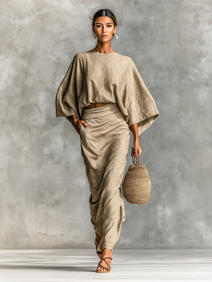 Two-Piece Set Long Skirt Batwing Sleeves in Cotton and Linen