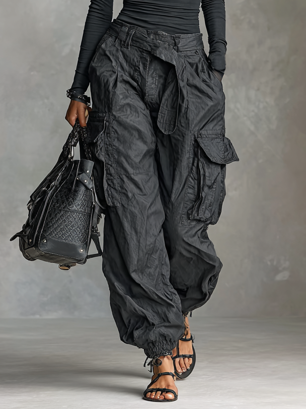 Two-Piece Set Long Sleeve Square Neck T-Shirt with Multi-Pocket Cargo Pants