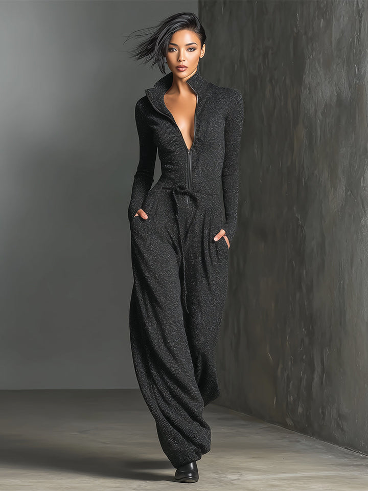 Elegant Women's Knit Jumpsuit with Front Zip