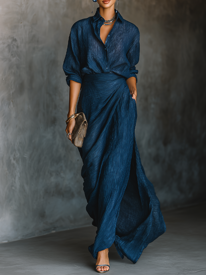 Long Skirt and Elegant Shirt Set in Dark Blue Cotton and Linen