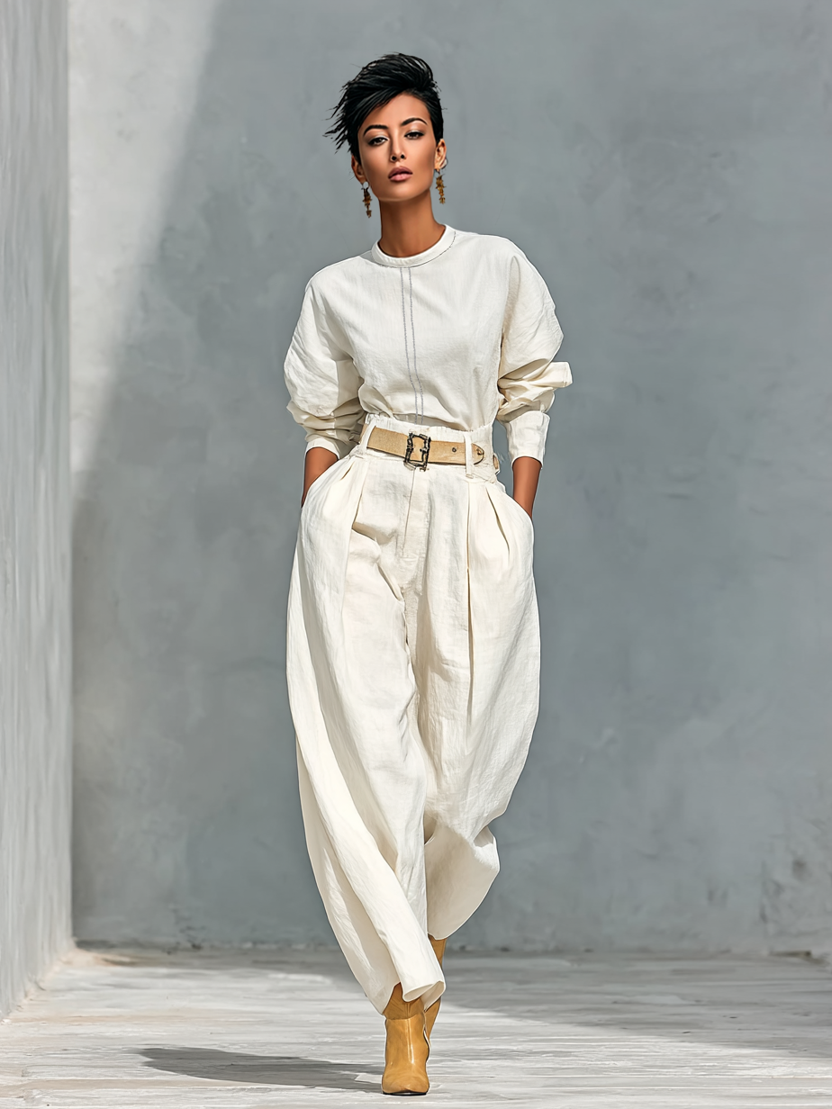 Long Sleeve Shirt and Wide Leg Cotton and Linen Pants Set
