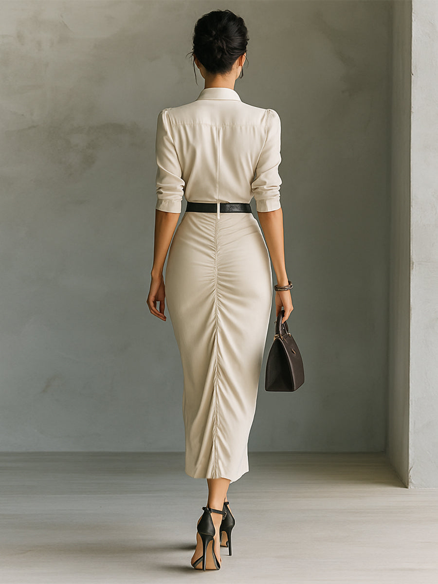 Monochrome Maxi Dress for Women with Lapel and Three-Quarter Sleeves