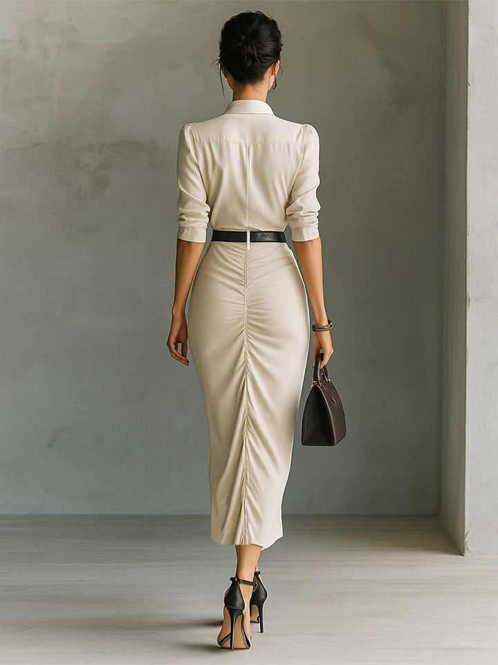 Monochrome Maxi Dress for Women with Lapel and Three-Quarter Sleeves